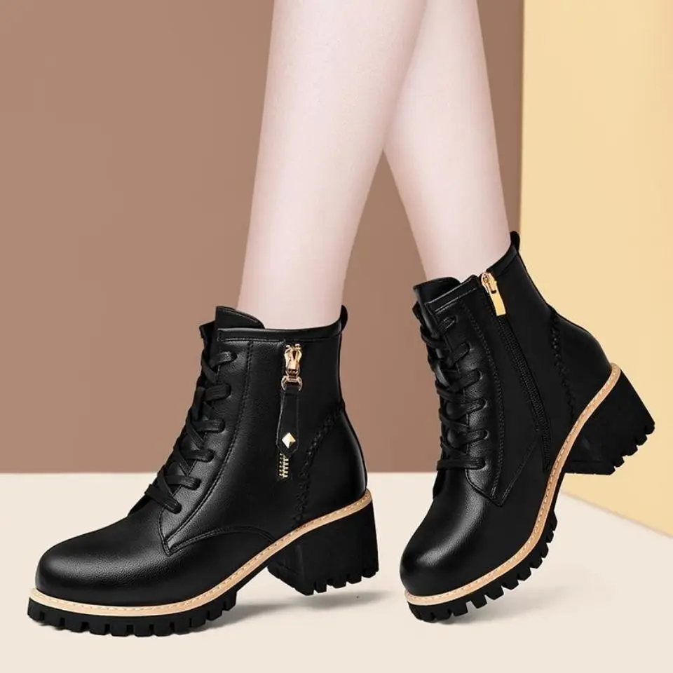 Top Trends: Women Shoes Boots Ankle 2022 New Autumn British Wind Genuine Leather Thick With Fur Ladies Short Boots Motorcycle Heels Boots Shoppable Styles