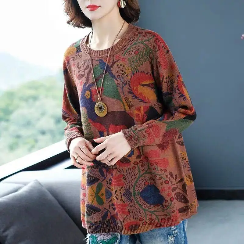 Top Trends: Vintage Printed O-Neck Loose All-match Sweaters Women's Clothing 2023 Autumn Winter Oversized Office Lady Pullovers Casual Tops Shoppable Styles - Image 5