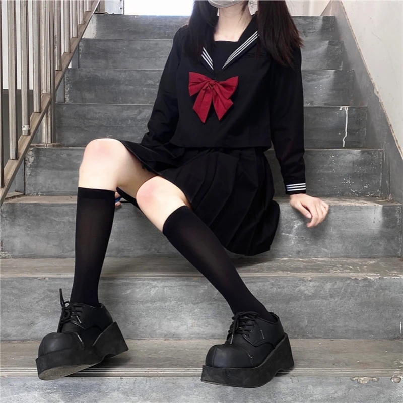 Top Trends: Japanese School Uniform Girls Plus Size Jk Suit Red Tie Black Three Basic Sailor Uniform Women Long Sleeve Suit Shoppable Styles