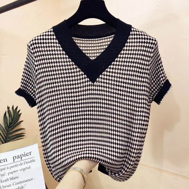 Top Trends: Koreon Fashion Women Plaid Knitted T-shirt Summer New Short Sleeve Female Clothing Tees V-Neck Bottoming Pullover Casual Tops Shoppable Styles