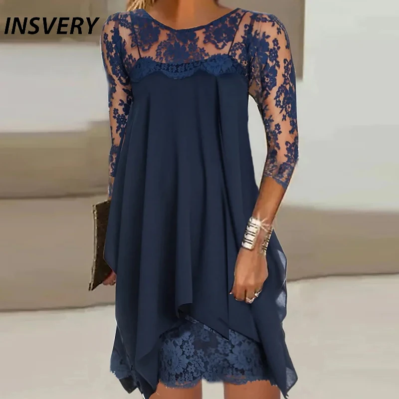 Top Trends: Elegant Party Dress Women O Neck Lace Patchwork Mini Dresses For Women Fashion 3 / 4 Sleeve Loose Dress 2023 Shoppable Styles