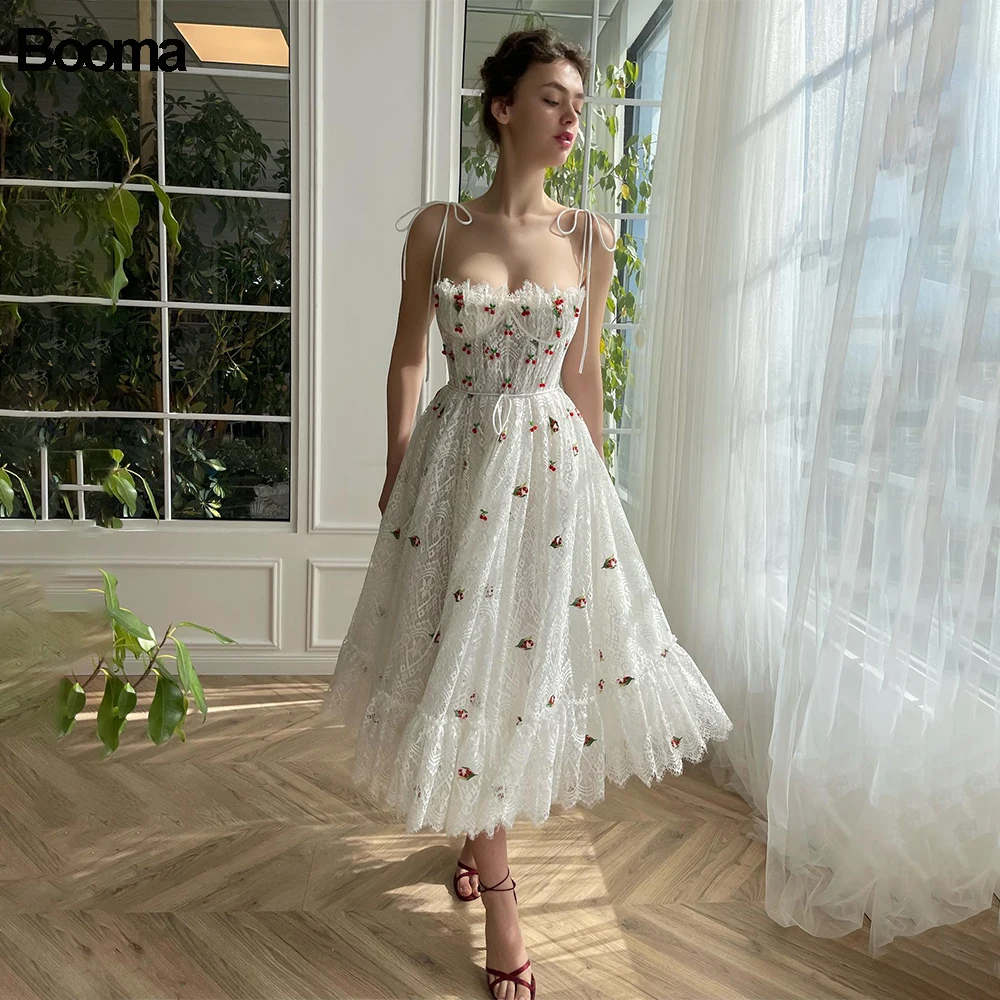 Top Trends: Booma White Fairy Lace Midi Prom Dresses Sweetheart Cherry Appliques Wedding Party Dresses For Women A-Line Graduation Gowns Shoppable Styles