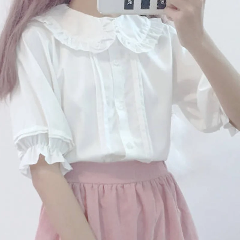 Top Trends: HOUZHOU White Shirt Kawaii Peter Pan Collar Preppy Style Blouses Woman Sweet Ruffle Short Sleeve Tops Summer 2022 Fashion Shoppable Styles