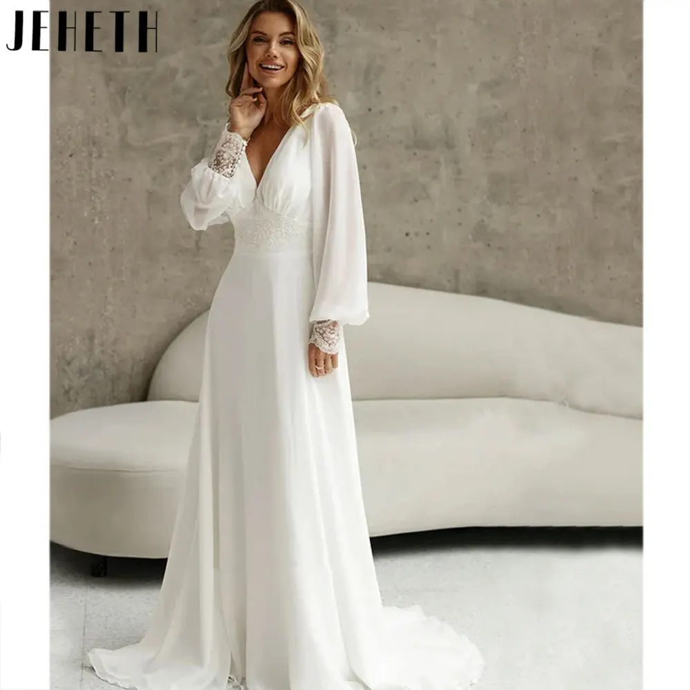 Top Trends: JEHETH Boho Chiffon A-Line Bride Gowns Lace Full Puff Sleeves Wedding Dresses Backless V-Neck 2024 Vestido De Noiva Casamento Shoppable Styles