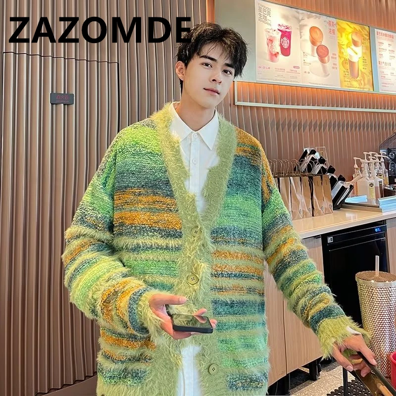 Top Trends: ZAZOMDE Winter Stripe Cardigan Sweater Knit Men Loose Couple Jumper Autumn Contrast Color Irregular Oversized Y2K Knitwear Coat Shoppable Styles - Image 2