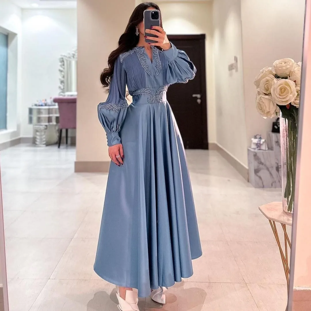 Top Trends: Lovestory V Neck Saudi Arabia Party Dresses Women Wear Prom Beaded Long Sleeves Robe De Soiree Ruched Ankle Length Evening Gowns Shoppable Styles