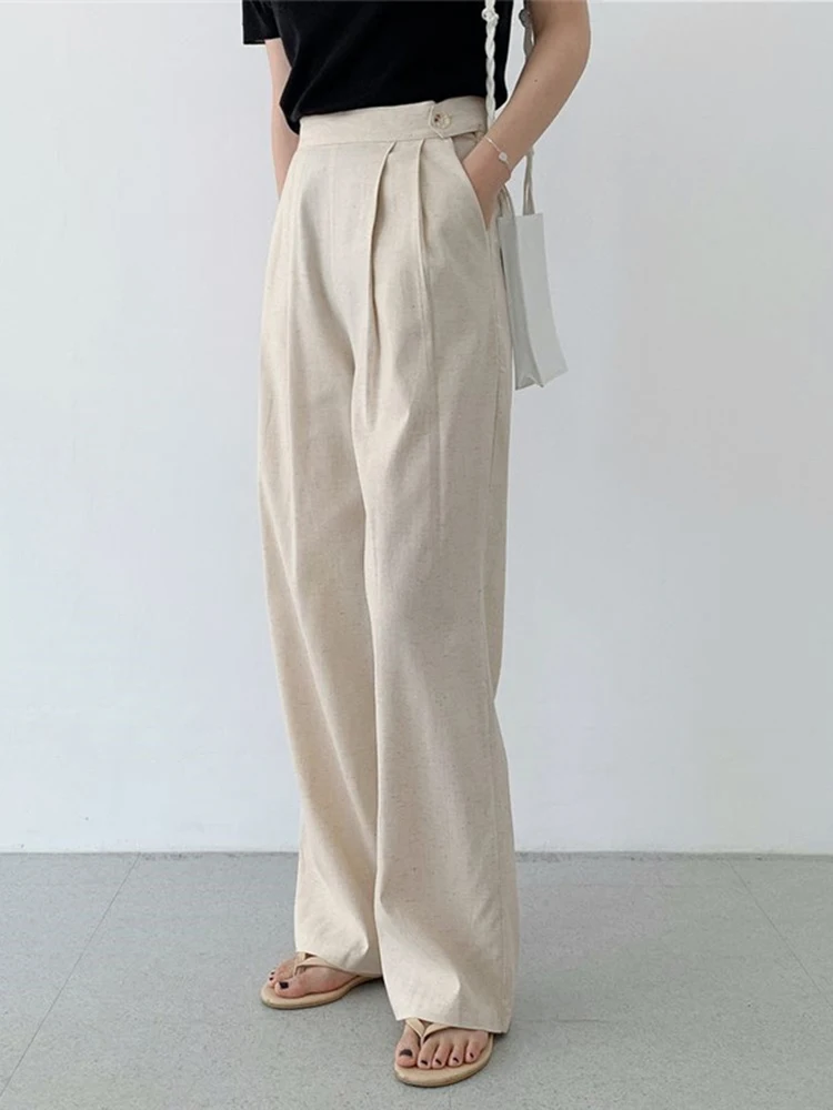 Top Trends: QOERLIN Linen Pants Women 2022 New High Waisted Wide Leg Office Ladies Trousers With Pocket Solid Pants Korean Fashion Casual Shoppable Styles