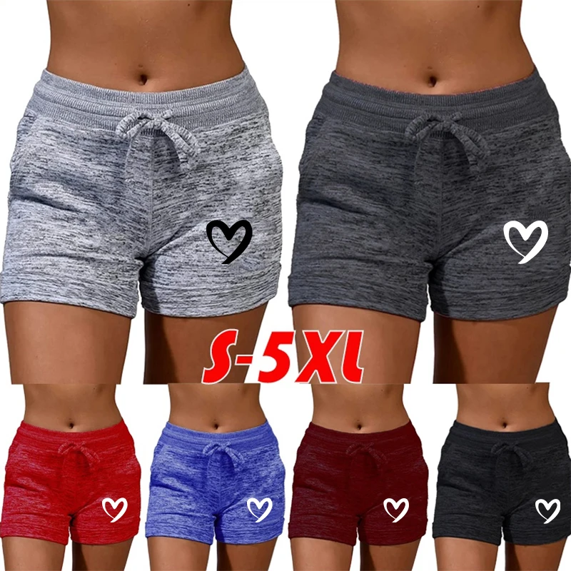 Top Trends: Summer Women&#039;s Shorts Love Heart Printed Casual Sports High Waist Drawstring Stretch Fitness Female Shorts 6 Colors 5XL Shoppable Styles