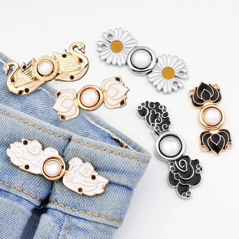 Top Trends: 1 Set Waist Button Adjustable Rhinestone Floral Disassembly Jeans Waist Button Metal Extended Buckles Pant Waistband Expander Shoppable Styles