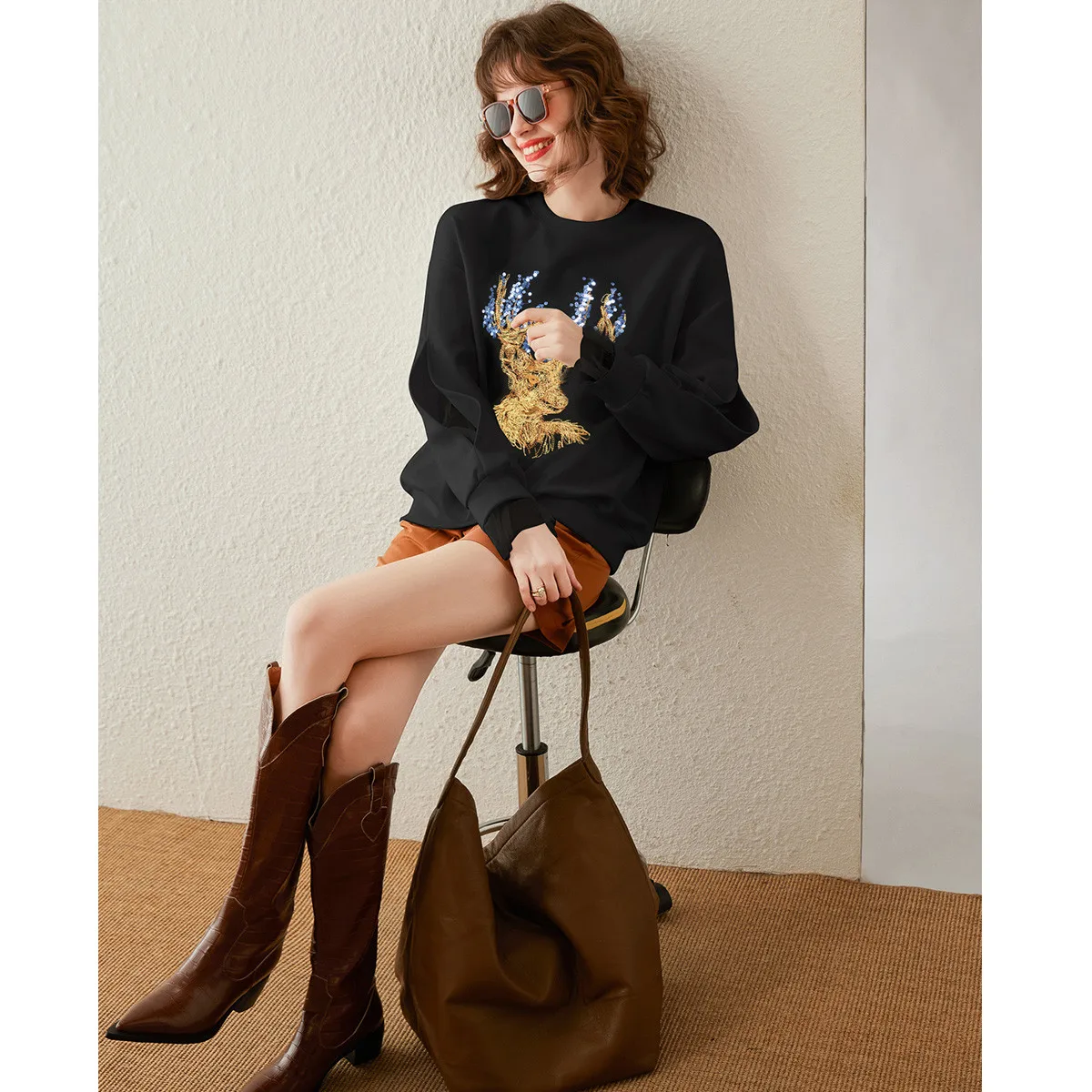 Top Trends: LOUIS YAO Women Hoodies 2023 Autumn Loose Round O Neck Long Sleeve Splicing Gauze Dropped Shoulder Sleeve Sequin Embroider Top Shoppable Styles - Image 2