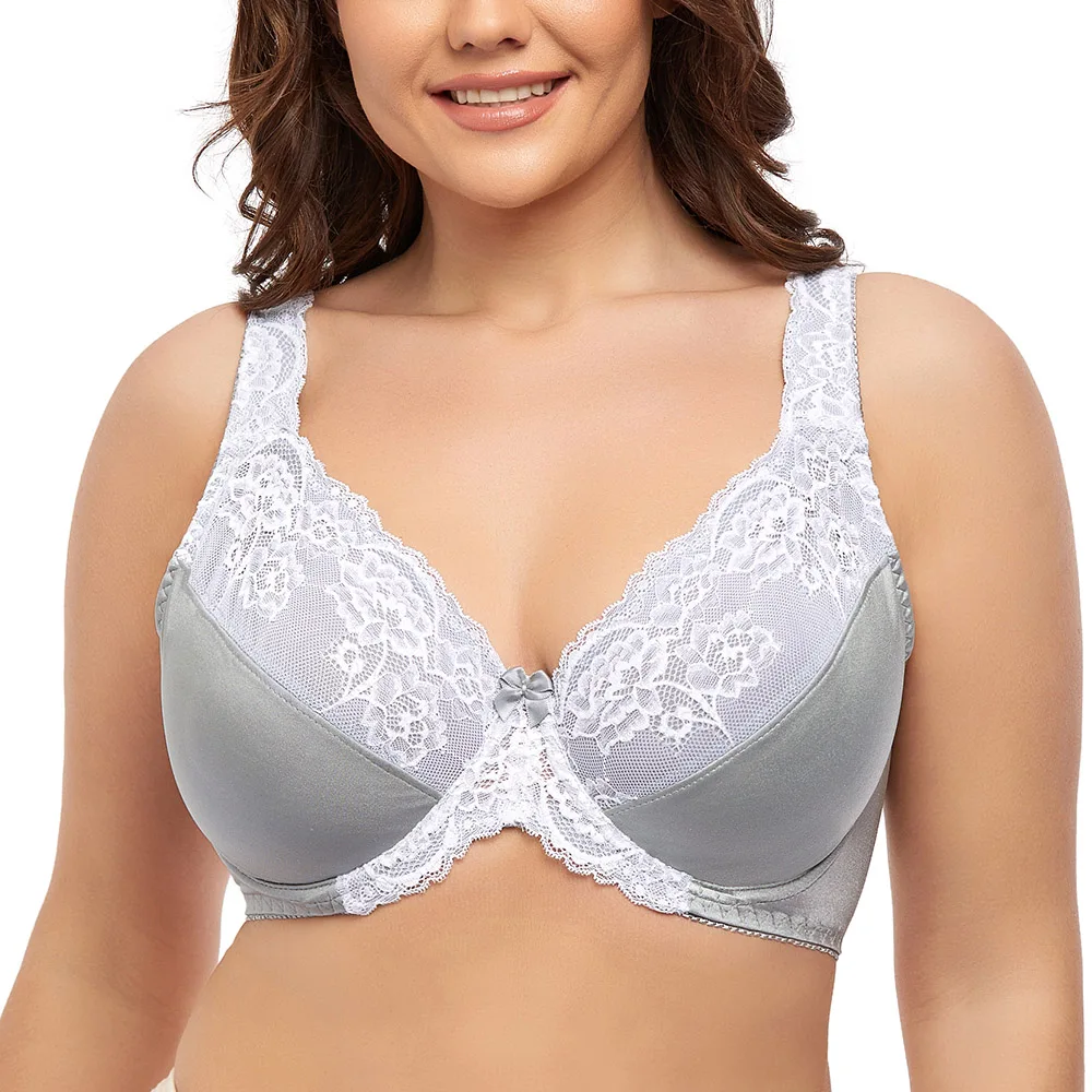 Top Trends: Plus Size Bra Women Gray Sexy Lace Ultra-thin Minimizer Underwired Bralette Plus Size Lingerie C D DD E F G H I Cup Shoppable Styles