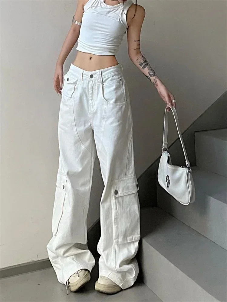 Top Trends: Deeptown Y2K Vintage White Cargo Jeans Women Y2K Korean Style Wide Leg Denim Pants Oversized Streetwear Hip Hop Pockets Trousers Shoppable Styles