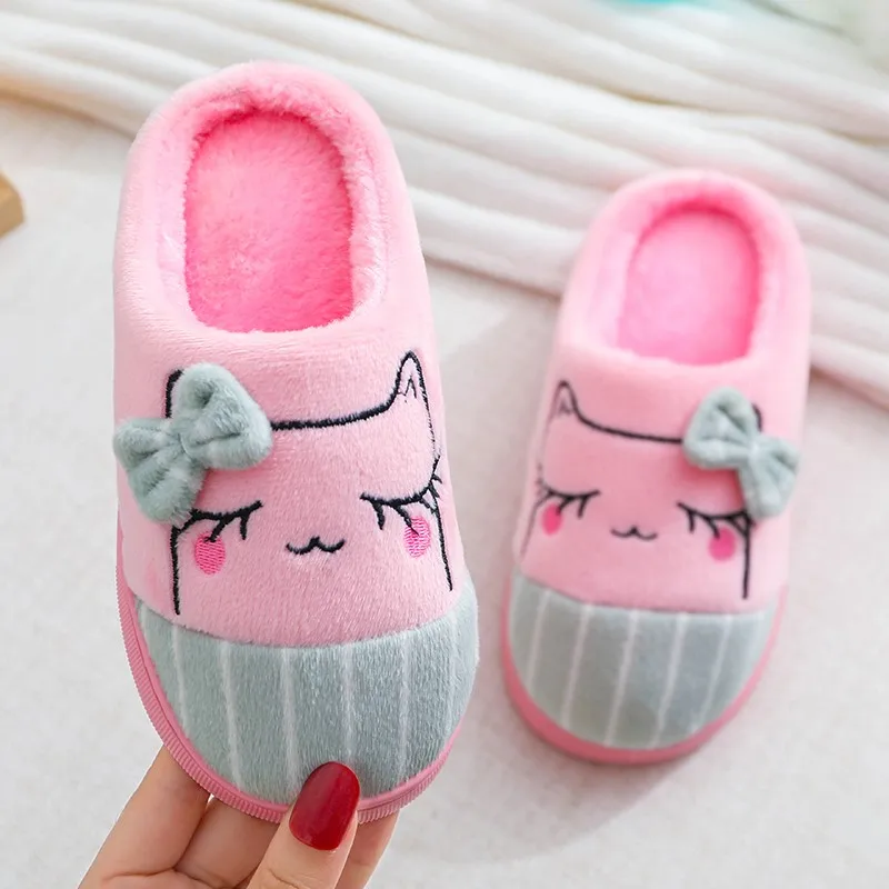 Top Trends: Bowknot Cat Children Cotton Slippers Autumn Winter Home Indoor Warm Kids Shoes Comfort Non-Slip Fluffy Slippers Pink Girls Shoes Shoppable Styles