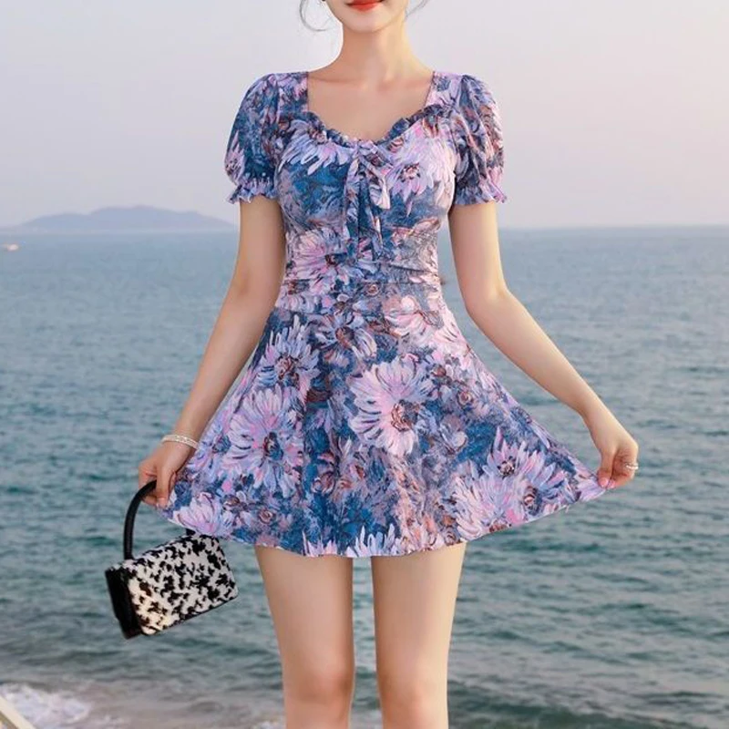 Top Trends: 2023 Summer Women Floral Print Ruffle Lace Up One Piece Swimsuit Slim V Neck Short Sweet Sweet Push Up Mini Dress Beach Swimwear Shoppable Styles