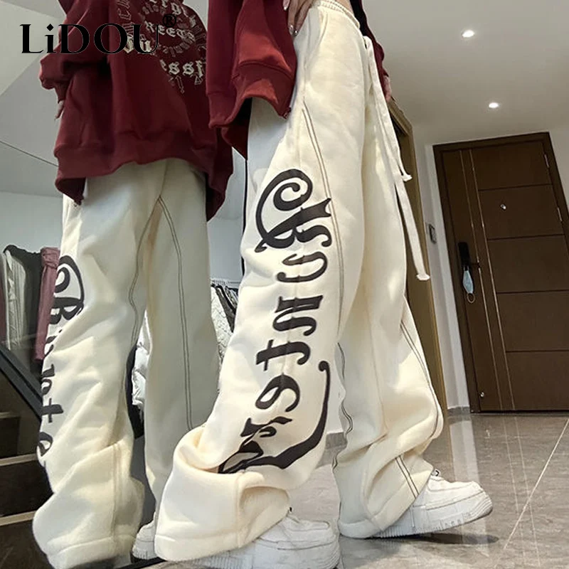 Top Trends: 2023 Spring Autumn New Fashion Letter Printing Wide Leg Trousers Women Elastic Waist Lacing Vintage Street Hip Hop Trousers Shoppable Styles