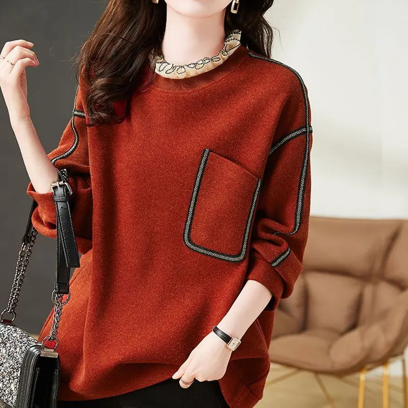 Top Trends: Spring Autumn Fake Two Pieces Sweatshirts Korean Pockets Women&#039;s Clothing Bright Line Decoration Fashion Lace Spliced Pullovers Shoppable Styles