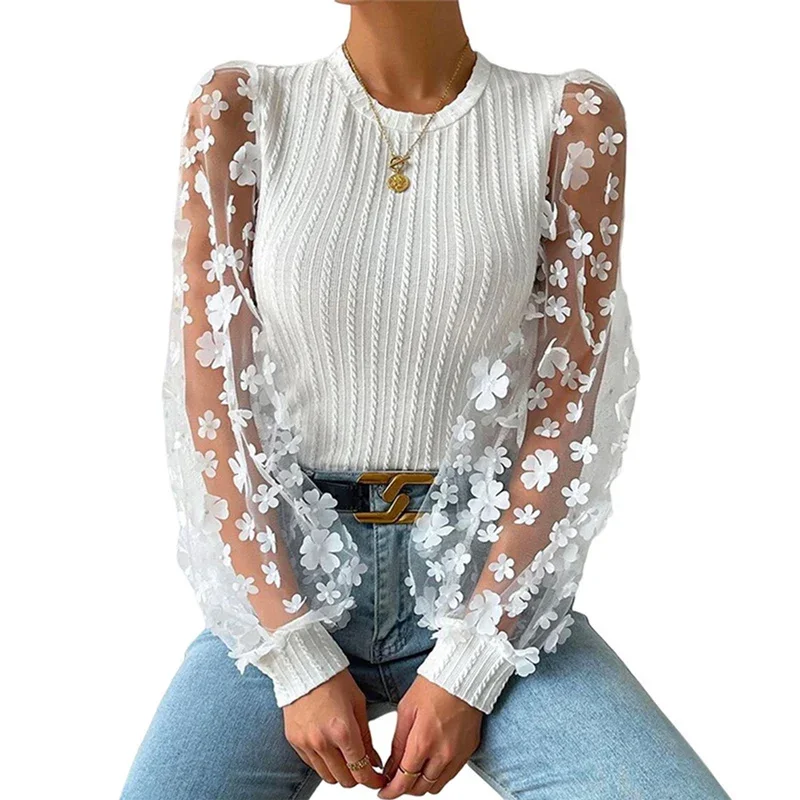 Top Trends: Women See-through Mesh Long Sleeve Chiffon Shirt 2023 Elegant O Neck Pullover Slim Blouse Female Office Casual Comfortable Tops Shoppable Styles