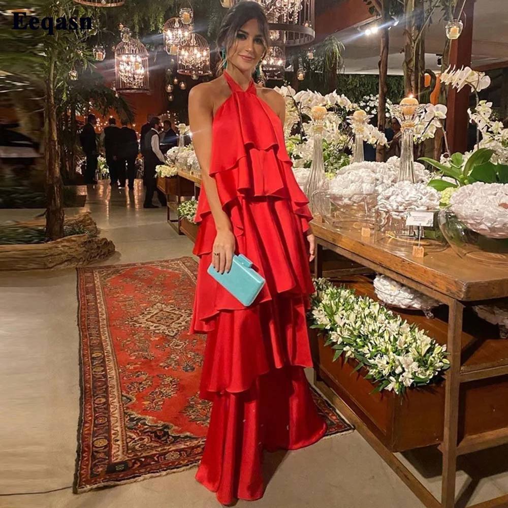 Top Trends: Eeqasn Red Satin Arabic Evening Dresses Tiered Women Long Halter Backless Sexy Special Party Gowns Formal Occasion Prom Dress Shoppable Styles