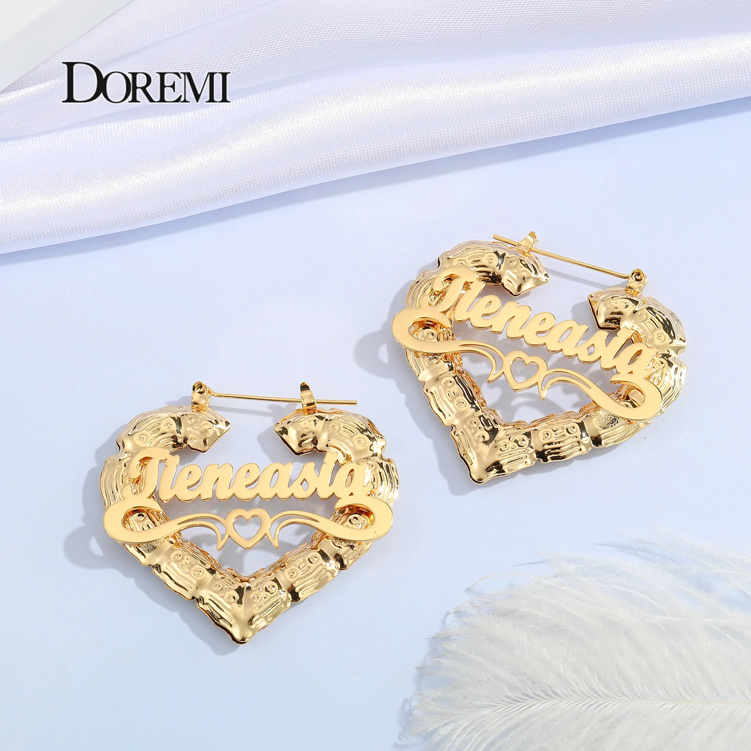 Top Trends: DOREMI 30-90mm Stainless Steel Bamboo Custom Heart Shape Earrings Customize Name Earrings Bamboo Style Custom Hoop Earrings Gift Shoppable Styles