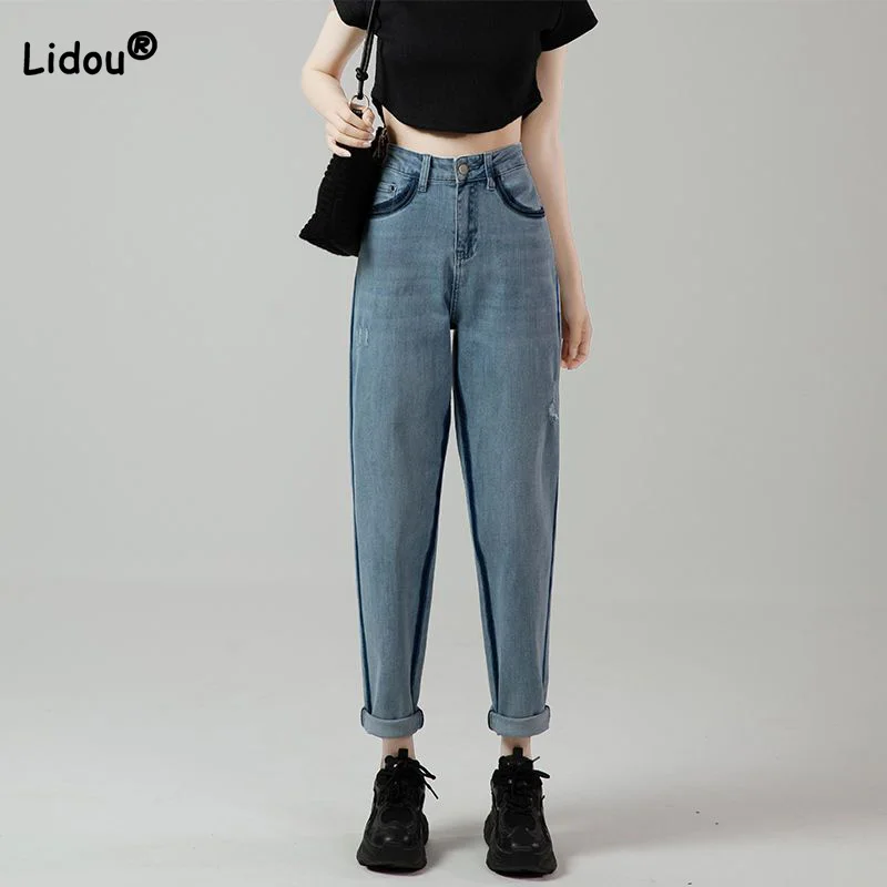 Top Trends: Autumn Button Patchwork Pockets Design Contrast Harlan Jeans For Women Summer New High Waist Loose Fit Thin Radish Dad Pants Shoppable Styles