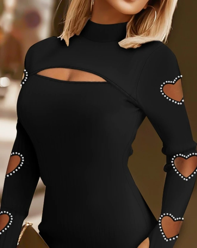 Top Trends: Womens Dresses Summer Fashion Hollow Heart Beaded Cutout Casual Mock Neck Plain Long Sleeve Bodycon Daily Mini Dress Shoppable Styles - Image 2