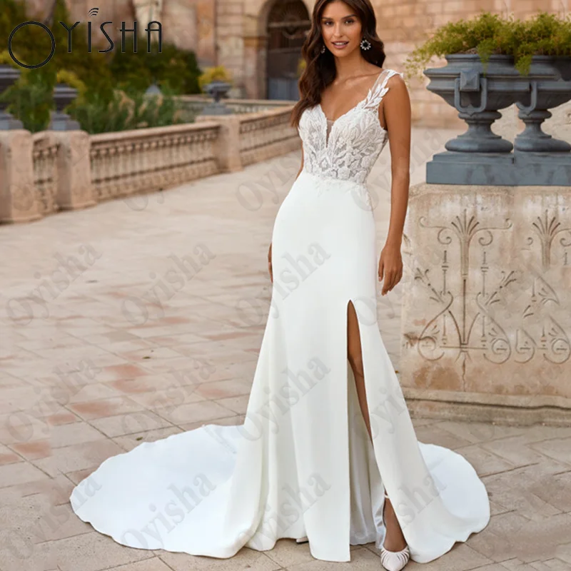 Top Trends: OYISHA High Split Mermaid Wedding Dress Fashion V-Neck Sleeveless Satin Bride Party Spaghetti Straps Backless Button Robe Mariée Shoppable Styles