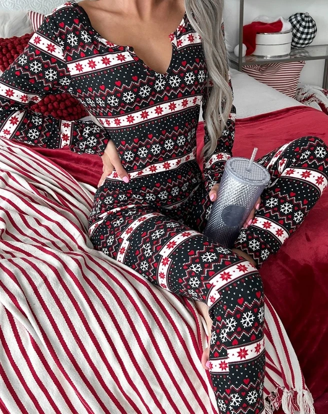 Top Trends: Women Jumpsuits 2023 New Snowflake Fair Isle Print Notch Neck Sleep Onesie Long Sleeved Slim High Waisted Jumpsuit Home Wear Shoppable Styles