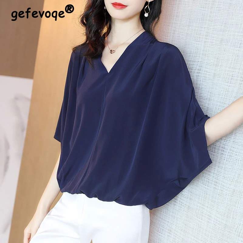 Top Trends: Summer 2023 Temperament Casual Fashion Batwing Sleeve Shirt Women's V-neck Loose All-match Chiffon Blouse Tops Female Clothes Shoppable Styles