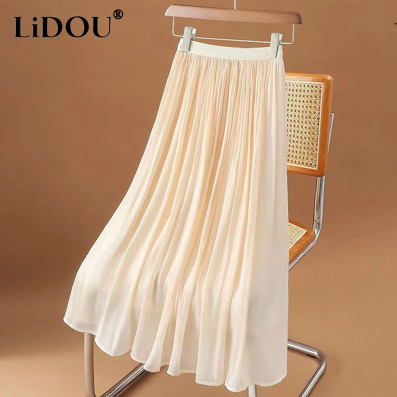 Top Trends: Spring Autumn Women&#039;s High Waist Elegant Fashion Pleated Skirt Ladies Solid Color Sweet All-match A-line Skirts Female Clothes Shoppable Styles