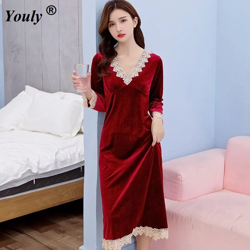 Top Trends: Golden Velvet Women Pleuche Sexy Lace Nightdress 2021 Autumn Winter Long Sleeve Nightwear Underwear Sleepwear Dress Nightshirt Shoppable Styles