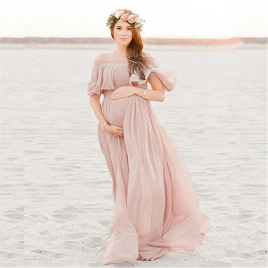 Top Trends: New Pink Ruffles Maternity Dresses For Photo Shoot Bohemian Chiffon Pregnant Women Photography Props Maxi Dress Premama Clothes Shoppable Styles