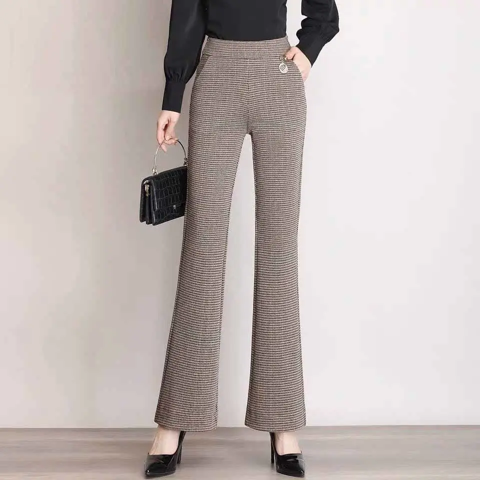 Top Trends: Korean Fashion Women Vintage Straight Pants Spring Autumn Office Lady High Waist Elastic Loose Casual Plaid Flare Trousers 2022 Shoppable Styles