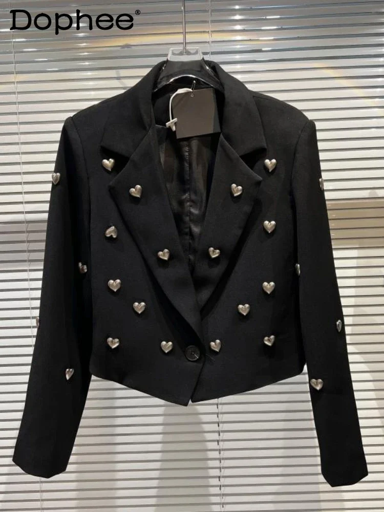 Top Trends: Fashion 3D Metal Heart-Shaped Short Suit Jacket Female 2023 Spring Autumn New Black Long Sleeve Suit Blazer Women Clothing Shoppable Styles