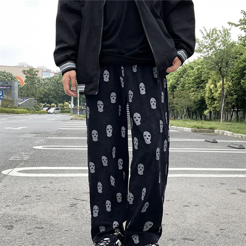 Top Trends: Preppy Style Skull Full Print Drawstring Casual Corduroy Men Baggy Pants Hip Hop Straight Sweatpants Male Loose Trousers Shoppable Styles