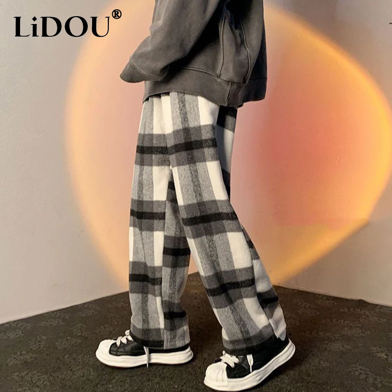 Top Trends: Spring Autumn Vintage Plaid Korean Casual Wide Leg Pants Man Woolen Streetwear Straight Fashion Loose Trousers Pantalon Homme Shoppable Styles