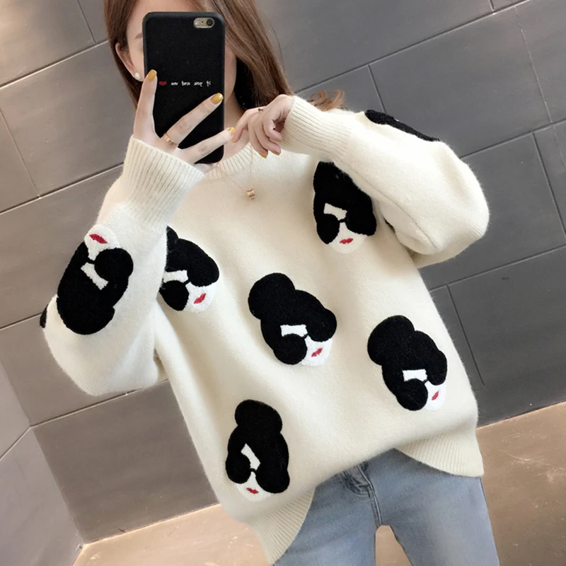 Top Trends: Paris Girl Pull Femme Winter Autumn Oversized Knitted Sweater Women Lantern Sleeve Embroidery Cartoon Thicken Pullovers Jumper Shoppable Styles