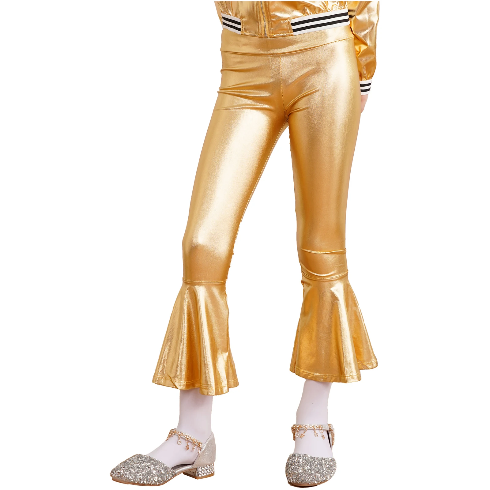 Top Trends: Kids Girls Shiny Metallic Flared Long Pants Elastic High Waist Ruffle Bell-bottom Pants Jazz Disco Stage Performance Trousers Shoppable Styles