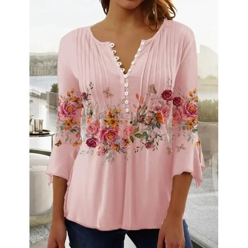 Top Trends: 2023 Autumn And Winter New Women Long Sleeve T-Shirt V-Neck Loose Blouse Flower Print Casual Shirt Female Comfortable Top S-5XL Shoppable Styles - Image 4