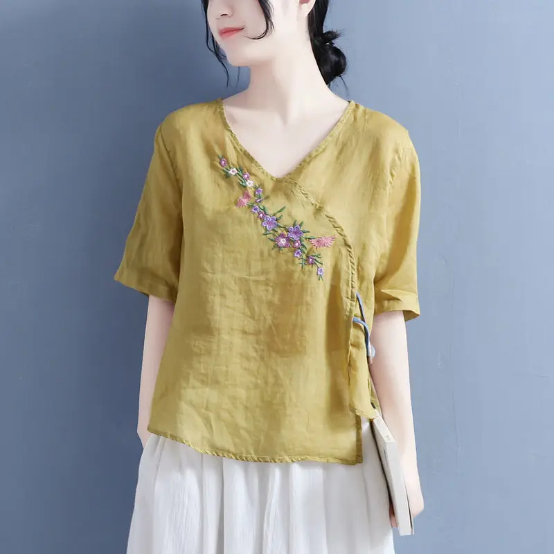 Top Trends: 2024 Chinese Traditional Thin Cotton Linen Top Women&#039;s Ethnic Retro Embroidery Loose Sleeve Shirt Women Vintage Hanfu Blouse Shoppable Styles