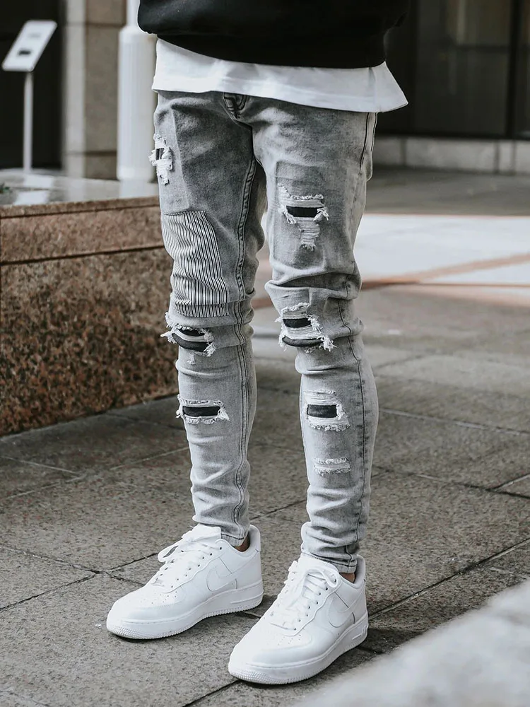 Top Trends: Men&#039;s Skinny Ripped Jeans Streetwear Fashion Beggar Patch Men Pencil Pants Grey / Blue Slim Denim Trousers Casual Jeans For Men Shoppable Styles