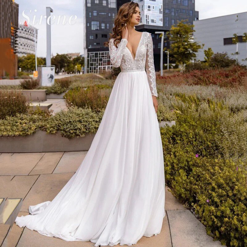 Top Trends: Behomian Wedding Dress White A-Line V-Neck Long Sleeve Lace Applique Chiffon Backless Bridal Gowns Sweep Train Vestidos De Novia Shoppable Styles