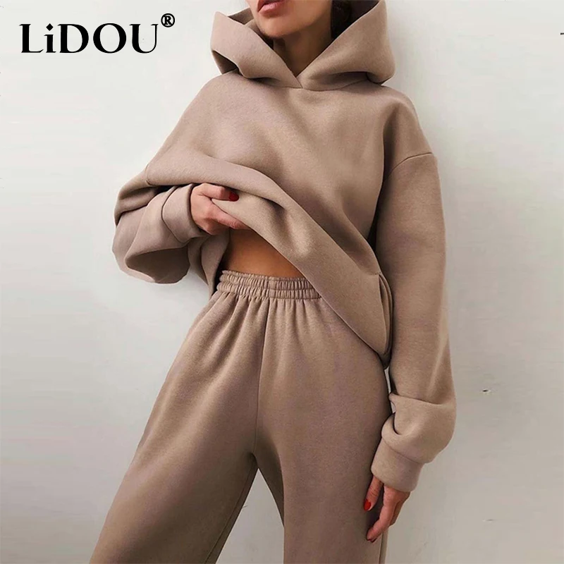 Top Trends: Autumn Winter Women's Loose Casual Hoodies Elastic Waist Sweatpants Set Female Pocket Solid Color Hooded Sweatshirt Pants Suit Shoppable Styles