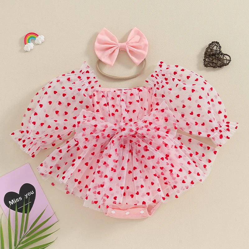 Top Trends: BeQeuewll Infant Girls Valentine's Day Romper Dress Heart Print Long Puff Sleeve Mesh Tulle Jumpsuit And Bow Headband Shoppable Styles