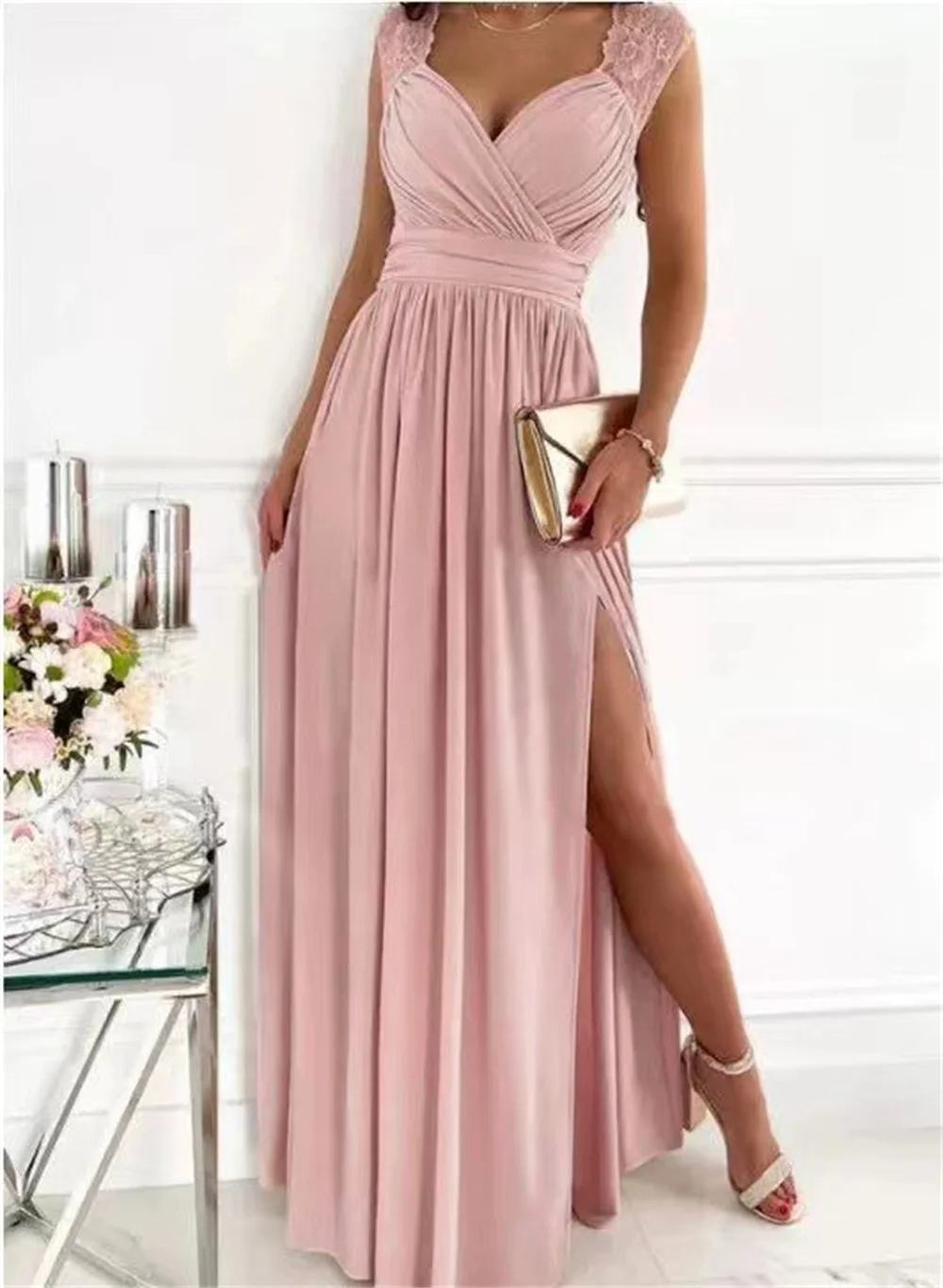 Top Trends: Elegant Long Wedding Bridesmaid Dress For Women Lady Sleeveless Pleated Slit Evening Party Gown High Split Cocktail Prom Dresses Shoppable Styles