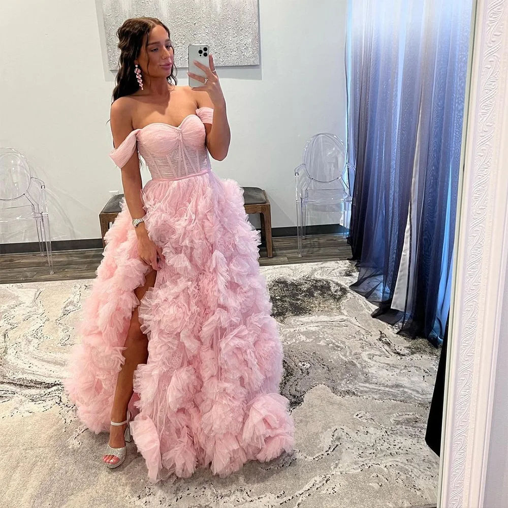 Top Trends: Xijun Baby Pink Tiered Ruffles Tulle Evening Dresses Off The Shoulder A Line Pleat Ruched Saudi Arabic Women Formal Party Gowns Shoppable Styles