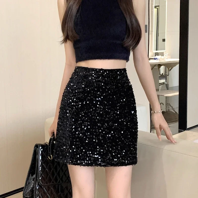 Top Trends: HOUZHOU Black Mini Sequin Skirt Women Korean Fashion Sexy High Waist Slim A-line Silver Short Skirt With Paillettes Party Club Shoppable Styles