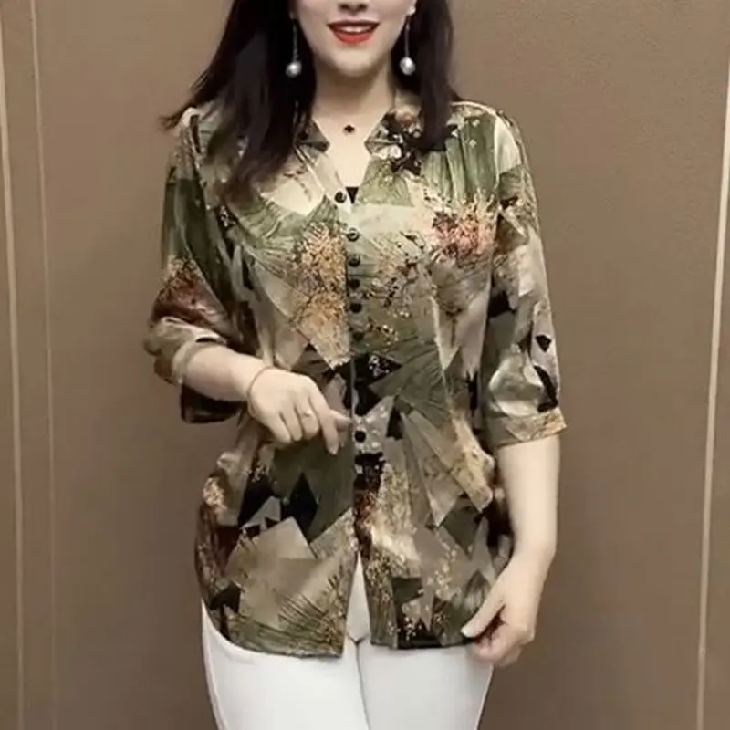 Top Trends: Stylish Geometric Printed Loose Shirt Vintage Women&#039;s Clothing O-Neck Summer Casual 3 / 4 Sleeve Commute Single-breasted Blouse Shoppable Styles