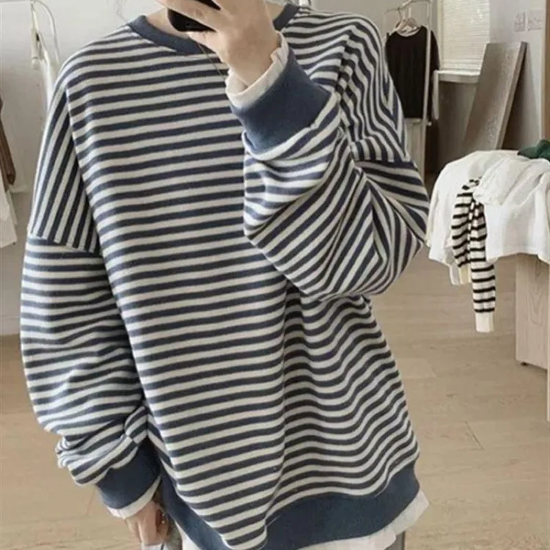 Top Trends: Autumn And Winter Women's Round Neck Stripe Contrast Color Fake Two Pieces Loose Pullers All-match Fashion Casual Korean Tops Shoppable Styles