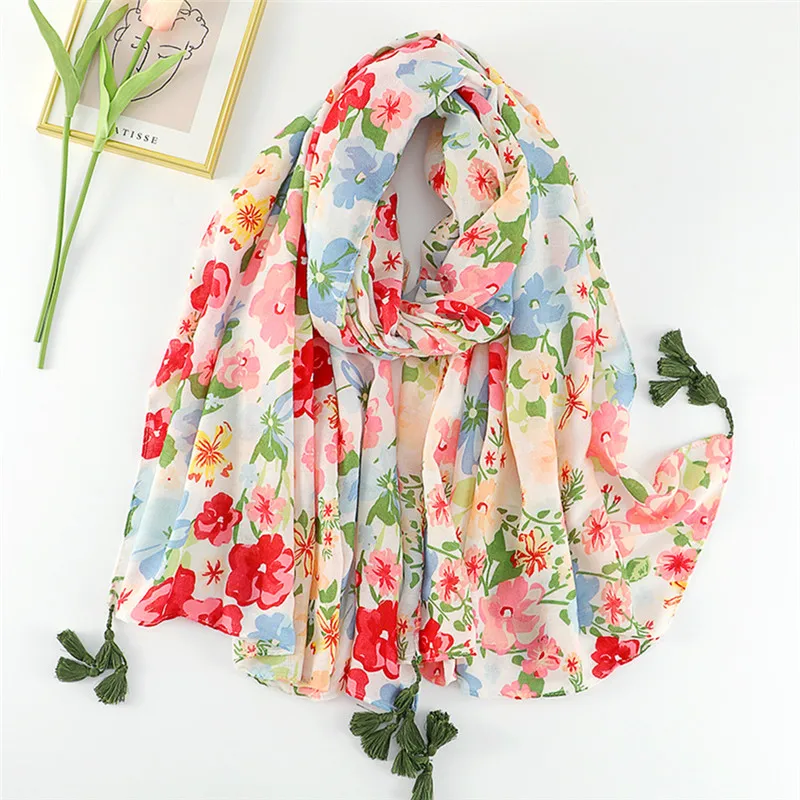 Top Trends: Spain Fashion Brand Lovely Garden Floral Tassel Viscose Shawl Scarf Lady Soft Pashmina Hijabs And Wraps Bufandas Muslim Sjaal Shoppable Styles