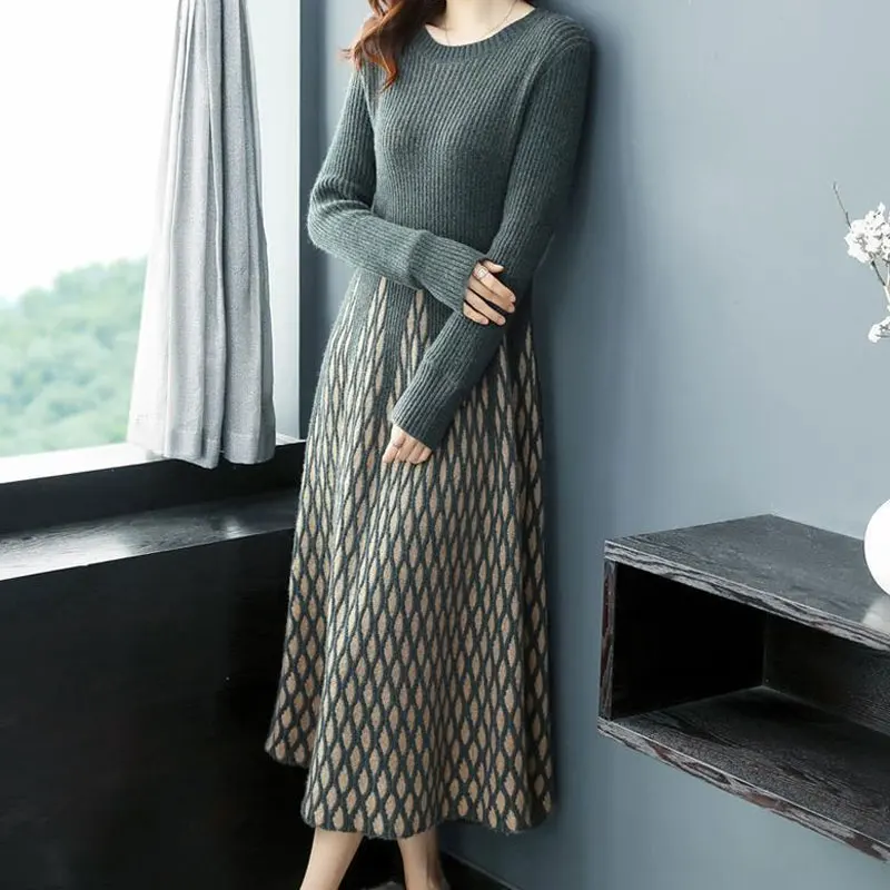 Top Trends: Rhombic Knitted Dress Autumn Winter New Long Sleeve Round Neck Splice Mid Length Sweater With Waist Collection Casual Fashion Shoppable Styles